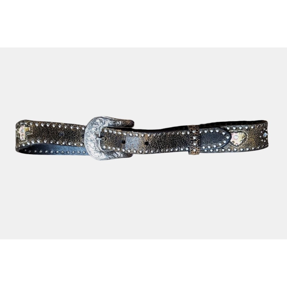 Nocona Studded Heart Cross Jeweled Western Leather Belt Womens 24 N4413630